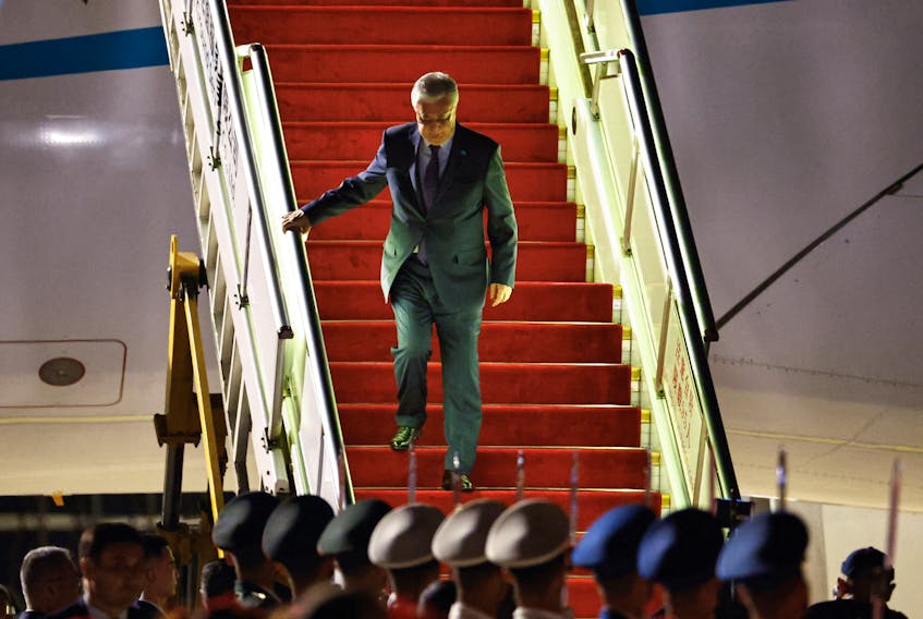 Kazakhstan's President Kassym-Jomart Tokayev arrives at Beijing Capital International Airport to attend the Third Belt and Road Forum in Beijing, China, October 16, 2023. REUTERS/Tingshu Wang/Pool