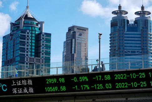 An electronic board shows Shanghai and Shenzhen stock indexes, at the Lujiazui financial district in Shanghai, China October 25, 2022.