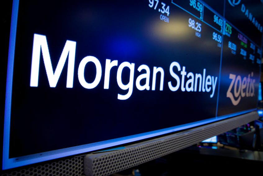 A screen displays the trading information for Morgan Stanley on the floor of the New York Stock Exchange (NYSE) in New York City, U.S., January 19, 2022. 