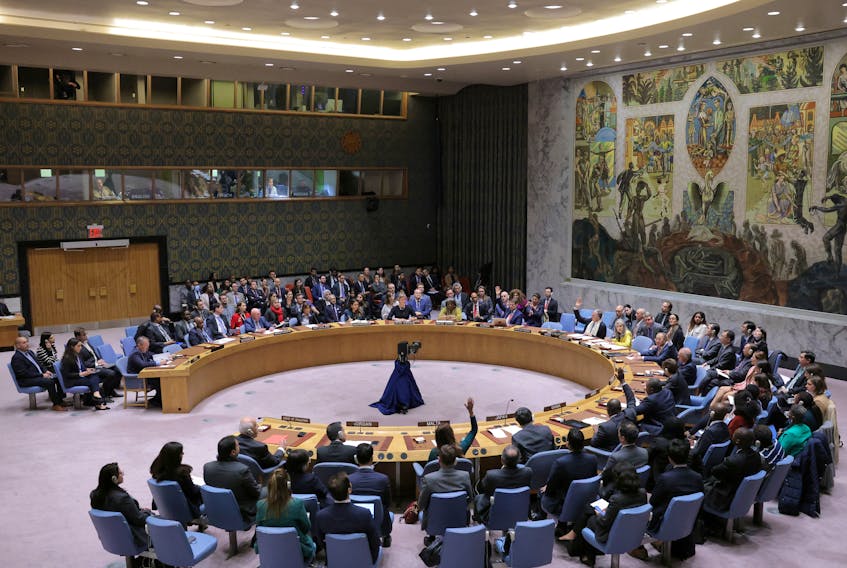 A general view during the voting process at a meeting of the United Nations Security Council on the conflict between Israel and Hamas at U.N. headquarters in New York, U.S., October 16, 2023.
