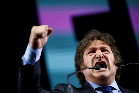 Argentine presidential candidate Javier Milei of La Libertad Avanza alliance, speaks during the closing event of his electoral campaign ahead of the primaries, in Buenos Aires, Argentina, August 7, 2023.