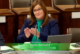 Karla Bernard, interim leader of the Green Party, asks about P.E.I.’s mobile mental health service during an Oct. 18 legislature committee meeting in Charlottetown. Screenshot