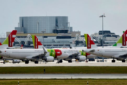 TAP planes are seen at Lisbon's airport, Portugal April 1, 2020. 
