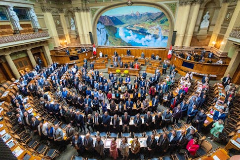 Members of the National Council pose for a group picture on the last day of the legislature before national elections in October at the Swiss Parliament Building (Bundeshaus) in Bern, Switzerland September 29, 2023.