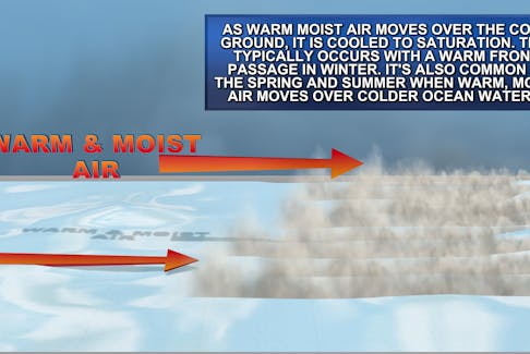 Advection fog requires warm, moist air to move over a colder surface.
