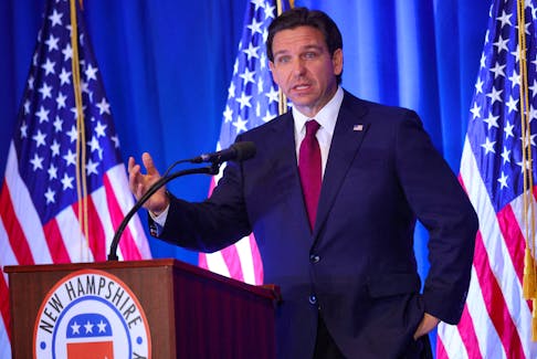 Republican presidential candidate Florida Governor Ron DeSantis speaks at the New Hampshire Republican Party's First in the Nation Leadership Summit in Nashua, New Hampshire, U.S., October 13, 2023.  