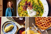 Clockwise from top left: Cook, food writer and journalist Bee Wilson, adaptable âsh, Anne's hazelnut waffles and soft-centred lemon omelette. PHOTOS BY MATT RUSSELL