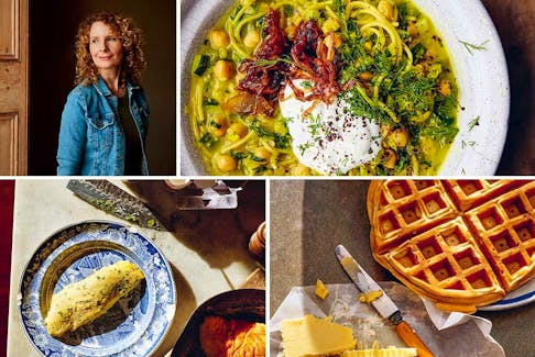 Clockwise from top left: Cook, food writer and journalist Bee Wilson, adaptable âsh, Anne's hazelnut waffles and soft-centred lemon omelette. PHOTOS BY MATT RUSSELL