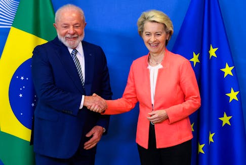 Brazil's President Luiz Inacio Lula da Silva is welcomed by European Commission President Ursula von der Leyen on the day of the summit between the leaders of the European Union (EU) and Community of Latin American and Caribbean States (CELAC), in Brussels, Belgium July 17, 2023.