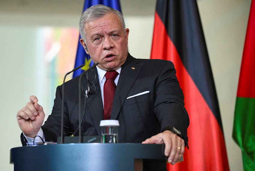 Jordan's King Abdullah II addresses a press conference, after a dialogue with German Chancellor Olaf Scholz, at the Chancellery in Berlin, Germany, October 17, 2023.