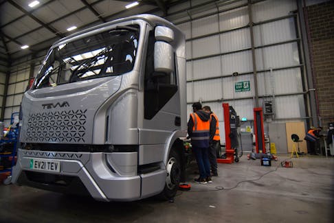 Engineers at electric maker Tevva work on a pre-production prototype truck at the startup's UK plant in Tilbury, Britain, January 14, 2022. Picture taken January 14, 2022.