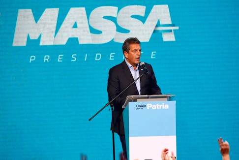 Argentina's presidential candidate Sergio Massa addresses supporters, as he reacts to the results of the presidential election, in Buenos Aires, Argentina October 22, 2023.