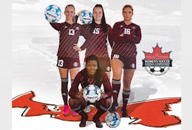 Emily Lepine, left, Helena Vos, Keanna Ryan, Cassandra Forsuh, front, and the rest of their Hurricanes teammates are looking forward to hosting the 2023 Canadian Collegiate Athletic Association National Women’s Soccer Championship in Summerside, Nov. 8-11.