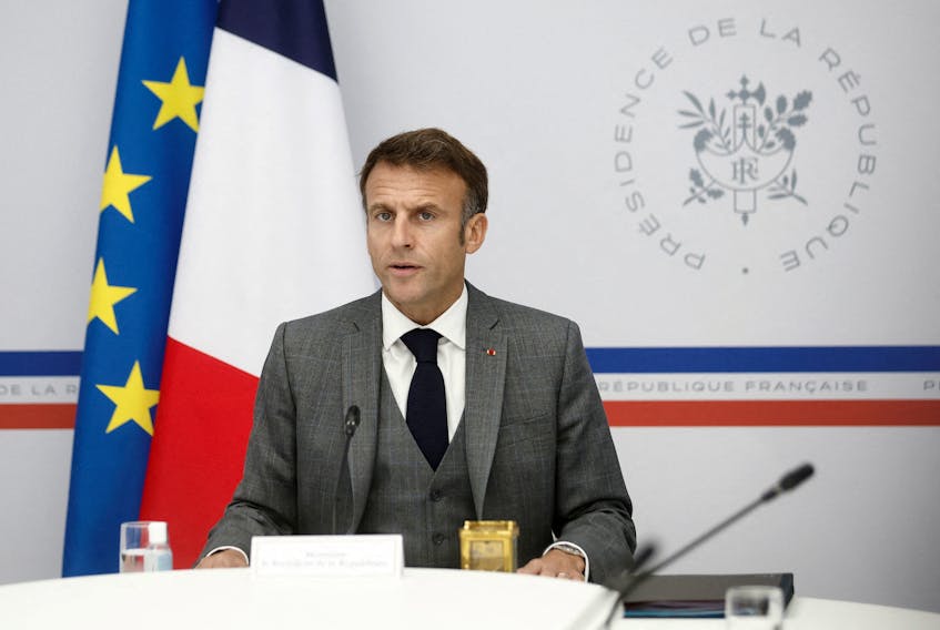 French President Emmanuel Macron attends a video-conference with the families of French hostages by the Hamas militants who had entered Israel from the Gaza Strip, at the Elysee Palace in Paris, France, October 20, 2023.