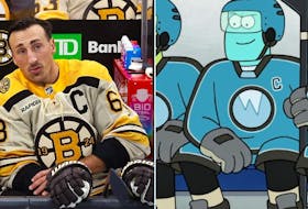 Boston Bruins captain Brad Marchand, left, and the character he plays in the Disney Channel cartoon Big City Greens. - Boston Bruins