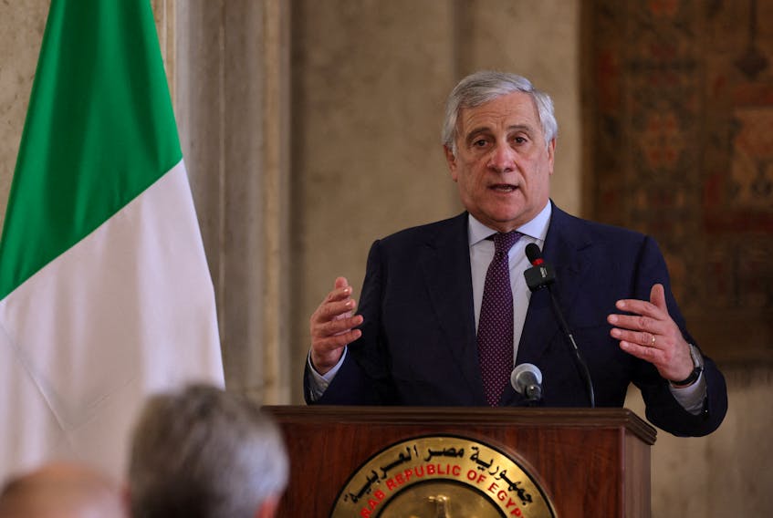 Italian Foreign Minister Antonio Tajani speaks as he attends a press conference with Egyptian Foreign Minister Sameh Shoukry (not pictured), in Cairo, Egypt, October 11, 2023.