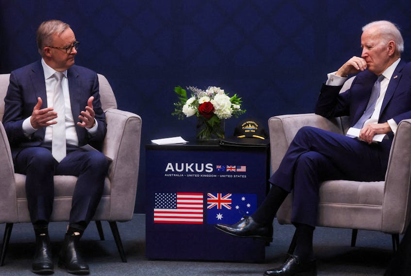 U.S. President Joe Biden participates in a bilateral meeting with Australian Prime Minister Anthony Albanese at Navy Gateway Inns and Suites, in San Diego, California U.S., March 13, 2023.