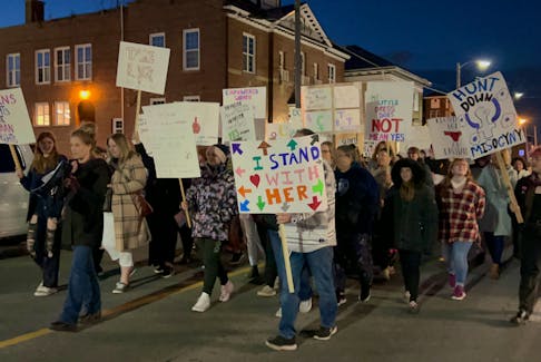 A large crowd of community members came together Oct. 19 as part of the Take Back the Night event, held by the Pictou County Women's Resource and Sexual Assault Centre. Signs were displayed and chants could be heard throughout the streets as survivors and supporters took back the night and used their voices to raise awareness about gender based violence.