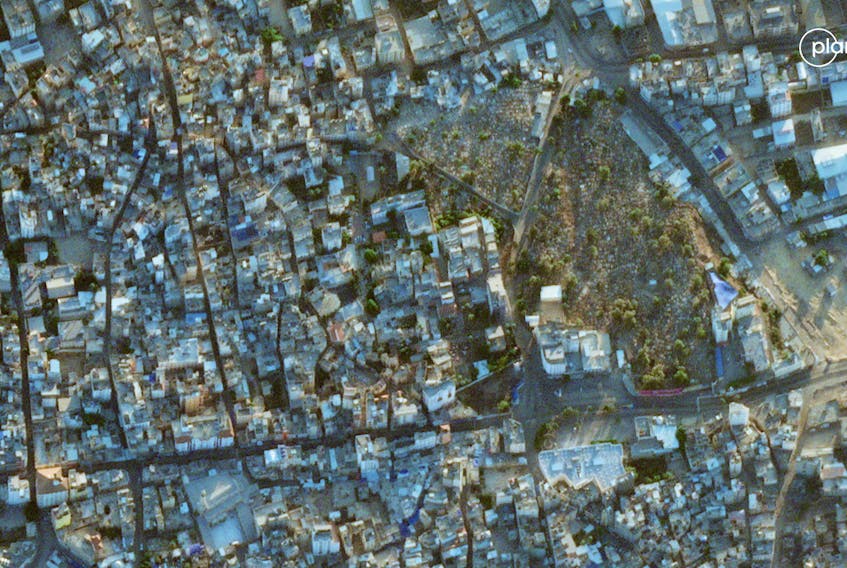 Aerial view of the Al-Ahli hospital in Gaza after hundreds of Palestinians were killed in a blast that Israeli and Palestinian officials blamed on each other, in Gaza City, Gaza Strip, October 18, 2023. Planet Labs PBC/Handout via