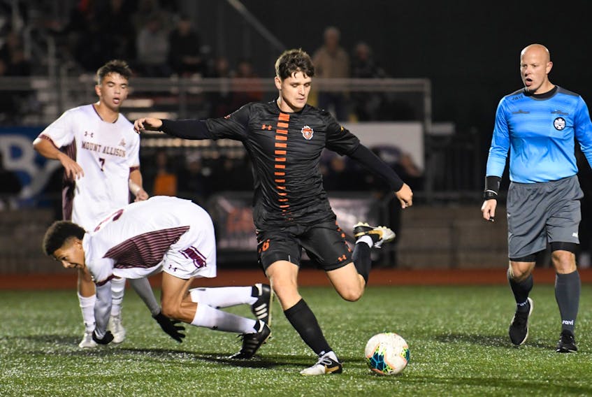 Max Piepgrass of the Cape Breton Capers finished the 2023 Atlantic University Sport men’s soccer regular season fifth in team scoring with two goals and three points. The second-year midfielder will be in the lineup this week for the AUS championship in Sydney. CONTRIBUTED/VAUGHAN MERCHANT, CBU ATHLETICS