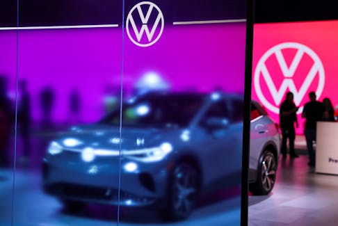 A Volkswagen logo is seen during the press day at the Los Angeles Auto Show in Los Angeles, California, U.S. November 17, 2022.