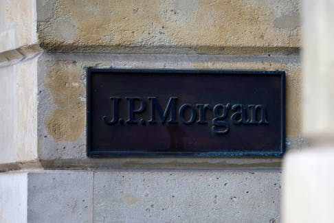 A J.P. Morgan logo is seen outside the JPMorgan bank offices in Paris, France, January 27, 2023.