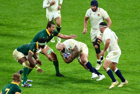 Rugby Union - Rugby World Cup 2023 - Semi Final - England v South Africa - Stade de France, Saint-Denis, France - October 21, 2023 England's Joe Marler in action with South Africa's Eben Etzebeth and Siya Kolisi