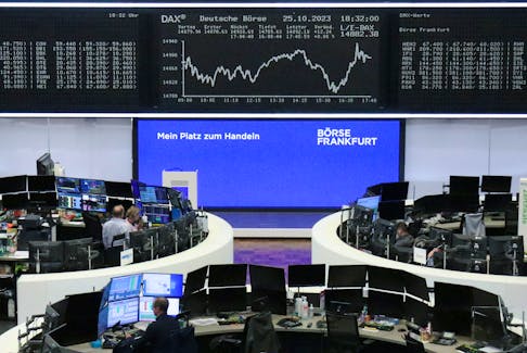 The German share price index DAX graph is pictured at the stock exchange in Frankfurt, Germany, October 25, 2023.   