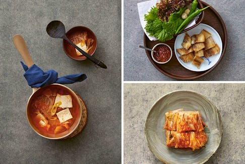 Clockwise from left: kimchi jjigae, stir-fried gochujang and lettuce ssam, and napa cabbage kimchi. PHOTOS BY JINJU KANG