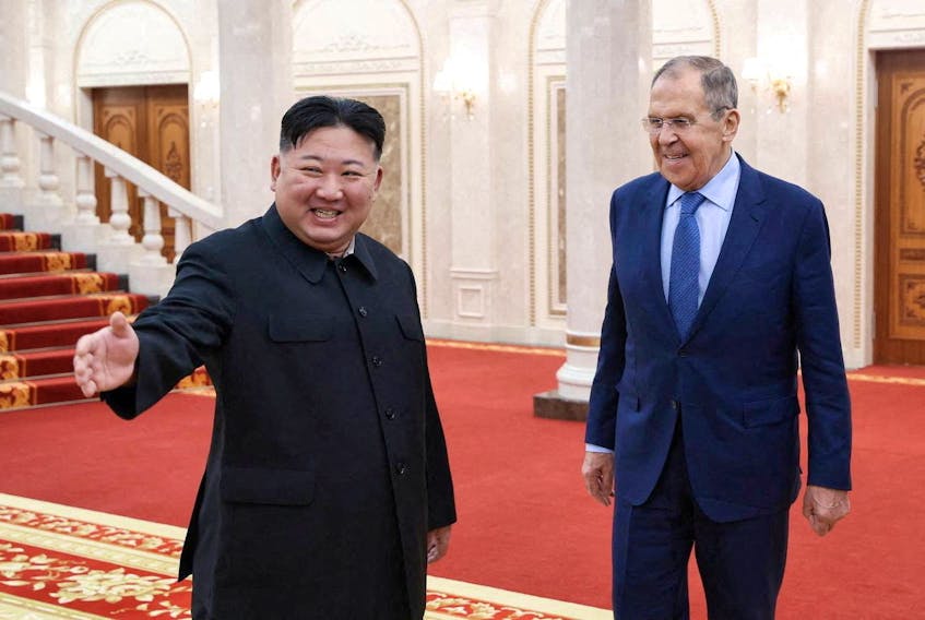 North Korean leader Kim Jong Un welcomes Russian Foreign Minister Sergei Lavrov during a meeting in Pyongyang, North Korea, October 19, 2023. Russian Foreign Ministry/Handout via