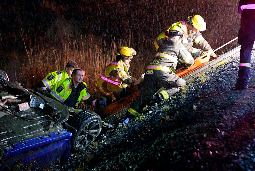 One man was hospitalized following a single-vehicle rollover crash on the Trans-Canada highway in St. John's early Saturday morning. Saltwire staff