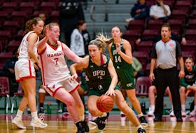 The UPEI Panthers’ Sydney Cummins, 7, looks to make a move around the Memorial Sea-Hawks’ Alana Short, 7, in an Atlantic University Sport (AUS) Women’s Basketball Conference game in St. John’s, N.L., on Oct. 27. The Panthers and Sea-Hawks split the first two games of the regular season. UPEI’s home opener is against the St. Francis Xavier X-Women on Nov. 1 at 6 p.m. Udantha Chandraratne/Memorial Sea-Hawks Photographer • Special to The Guardian