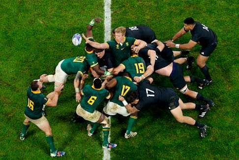 Rugby Union - Rugby World Cup 2023 - Final - New Zealand v South Africa - Stade de France, Saint-Denis, France - October 28, 2023  South Africa's Pieter-Steph du Toit in action during a scrum