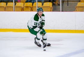 UPEI Panthers forward Kaleb Pearson, 15, carries the puck during an Atlantic University Sport (AUS) Men’s Hockey Conference game against the Dalhousie Tigers at MacLauchlan Arena in Charlottetown on Oct. 27. The Tigers won the game 4-3. Janessa Vanden Broek/UPEI Athletics • Special to The Guardian