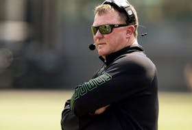 Edmonton Elks head coach and general manager Chris Jones calls a game against the Winnipeg Blue Bombers at Commonwealth Stadium in Edmonton on May 27, 2023.