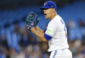 Blue Jays' Jose Berrios reacts after a strikeout in the first inning against the New York Yankees at Rogers Centre on Sept. 27, 2023 in Toronto. 