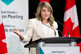 Minister of Foreign Affairs, Melanie Joly delivers remarks at the Global Heads of Mission Meeting discussing the Future of Diplomacy Initiative in Ottawa, on Wednesday, June 7, 2023. 