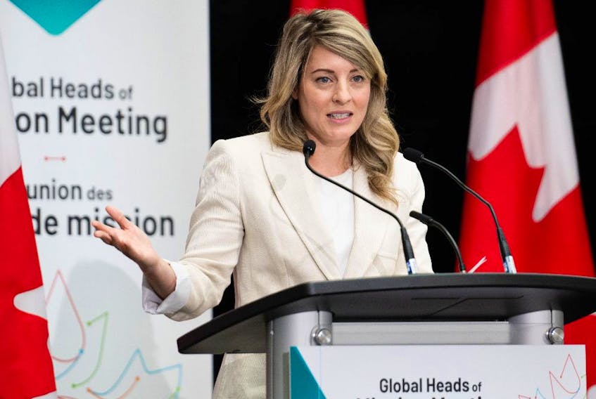Minister of Foreign Affairs, Melanie Joly delivers remarks at the Global Heads of Mission Meeting discussing the Future of Diplomacy Initiative in Ottawa, on Wednesday, June 7, 2023. 