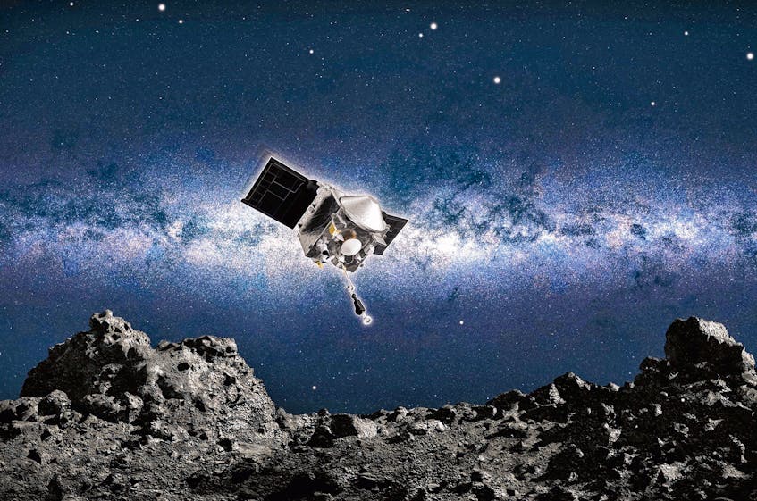 An artist's conception of NASA's OSIRIS-REX spacecraft collecting a sample from the asteroid Bennu.
