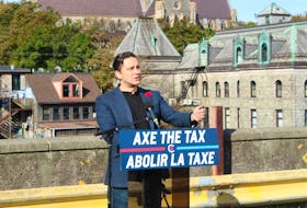 Pierre Poilievre expresses his concerns, regarding Prime Minister Justin Trudeau's adjustment to the carbon tax, during a press conference. - Cameron Kilfoy/The Telegram.