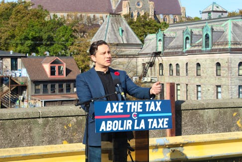 Pierre Poilievre expresses his concerns, regarding Prime Minister Justin Trudeau's adjustment to the carbon tax, during a press conference. - Cameron Kilfoy/The Telegram.