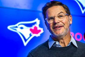 Blue Jays general manager Ross Atkins speaks to reporters during an end-of-season media availability at the Rogers Centre in Toronto, Ont. on Tuesday, Oct. 11, 2022. 