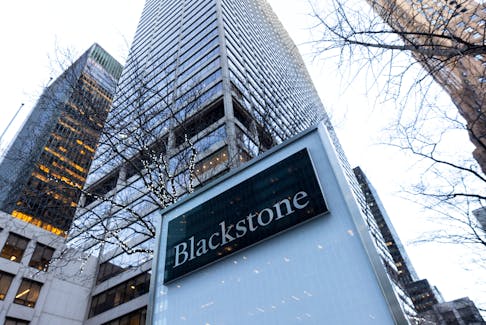 Signage is seen outside the Blackstone Group headquarters in New York City, U.S., January 18, 2023.