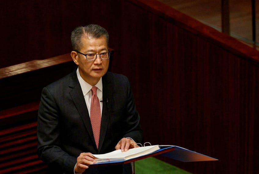 Hong Kong's Finance Secretary Paul Chan delivers the annual budget address at the Legislative Council in Hong Kong, China Feburary 22, 2023.