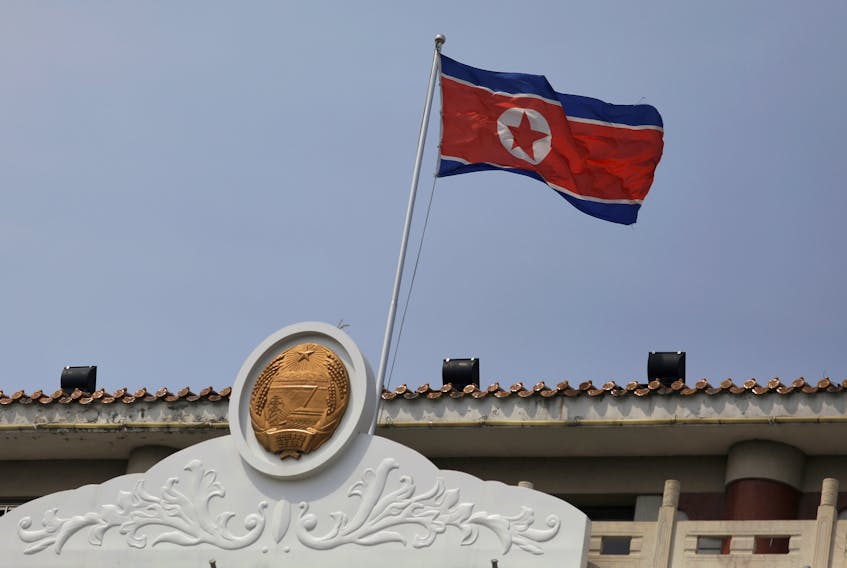 The North Korean flag flutters at the North Korea consular office in Dandong, Liaoning province, China April 20, 2021. Picture taken April 20, 2021. 