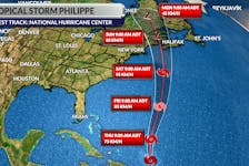 The track of tropical storm Philippe as of 12 p.m. on Wednesday, Oct. 4, 2023