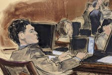 In this courtroom sketch, FTX founder Sam Bankman-Fried, foreground, sits at the defence table while Judge Lewis Kaplan and attorneys discuss final jury selection in his trial, Wednesday, Oct. 4, 2023, in New York. (AP Photo/Elizabeth Williams)