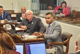 Bruce MacDougall, president of the Federation of P.E.I. Municipalities, centre left, and Satyajit Sen, policy advisor for the Federation, speak before a legislative committee in Charlottetown on Oct. 3.