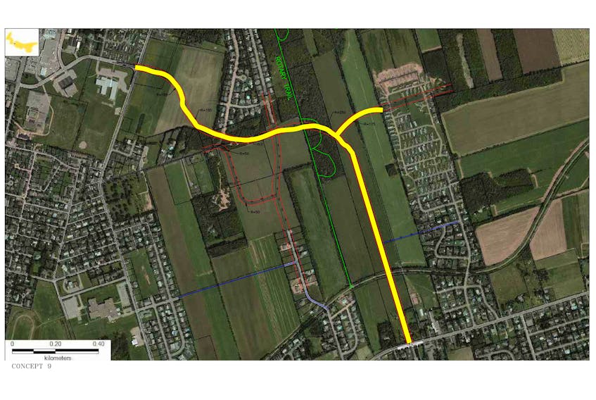 The City of Summerside has allocated $5.5 million this year to build half of the long-planned east-west connector road. The scope of the project in its entirety, Phases 1 and 2, is highlighted here in yellow. City of Summerside image