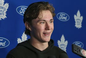 Fraser Minten speaks to reporters during the Toronto Maple Leafs Development Camp at the Ford Performance Centre. 